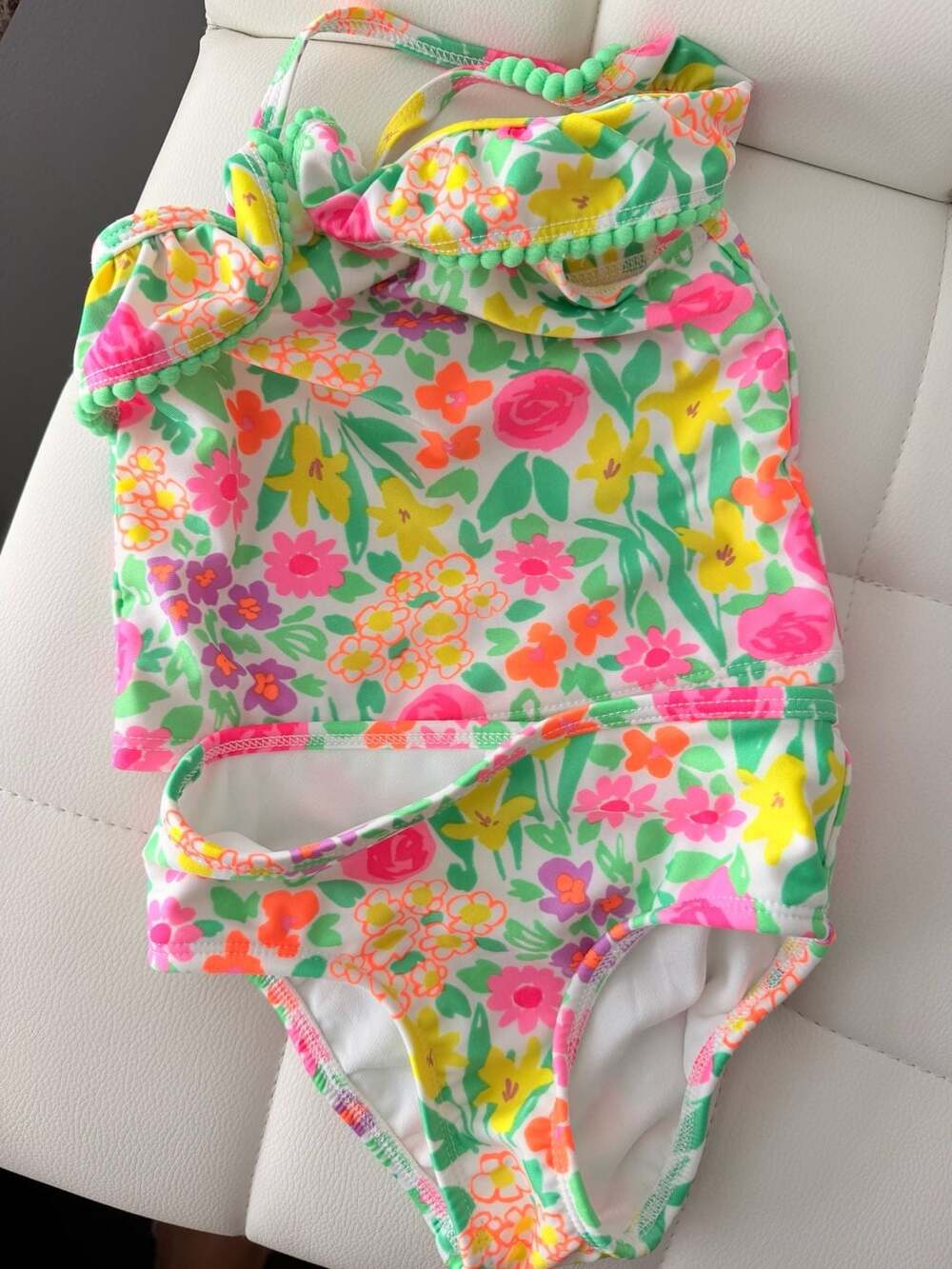 Cat & Jack Baby Girl Neon Floral 2-Piece Tankini Swimsuit Pom Trim 18M